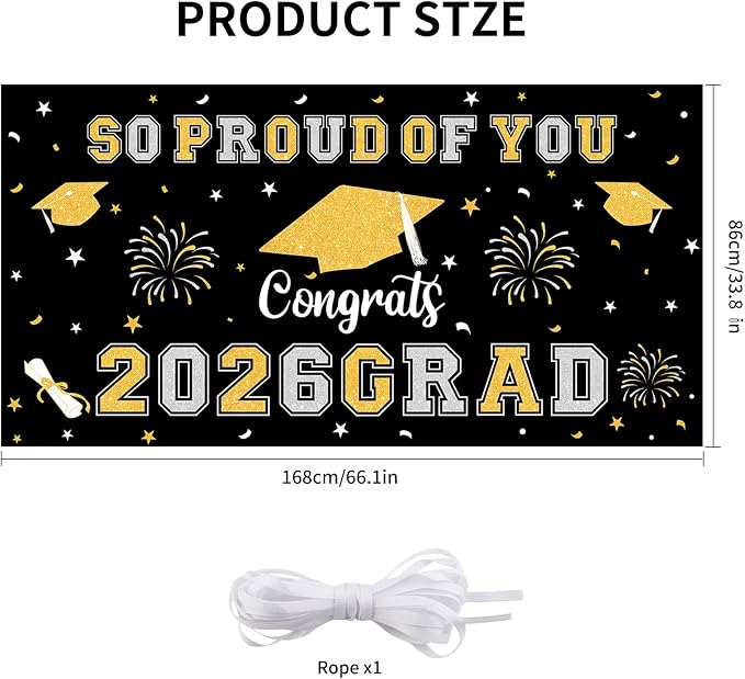 Graduation Decorations 2026 Black Gold Graduation Banner 66.1" x 33.8" - Image 2