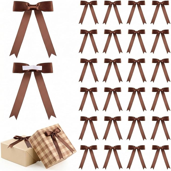 Riceshoot Brown 24 Pcs Satin Ribbon Bows 5x7'' Self Adhesive Stick on Premade by Zuqqaaoor
