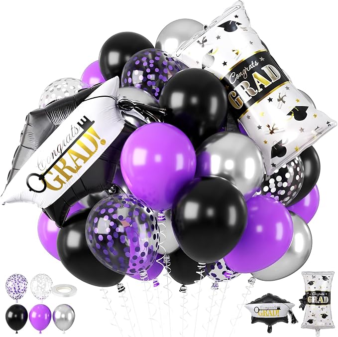 Purple Silver Black Graduation Balloons, by BIAPIAN