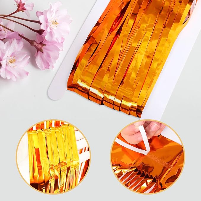 5 Pack Orange Fringe Backdrop 3.2ft x 8.2ft Foil Curtain Tinsel Foil Fringe - Image 4