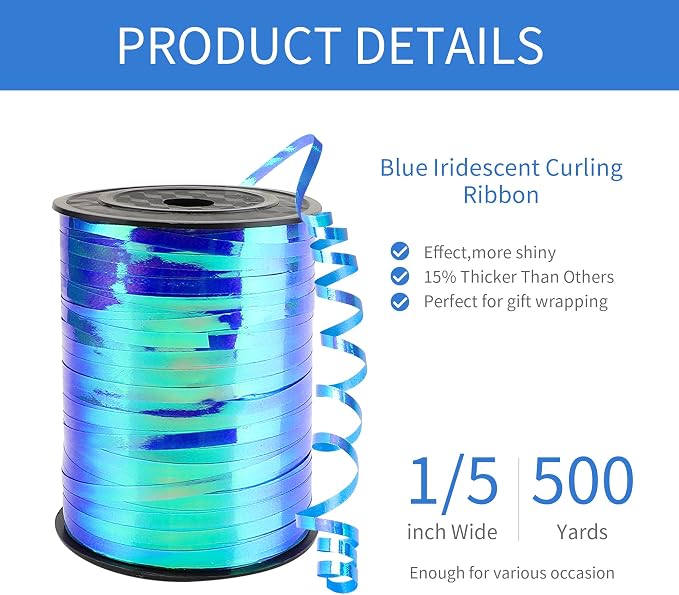 500 Yard Iridescent Blue Curling Ribbon, 1/5" Wide Holographic Christmas - Image 2