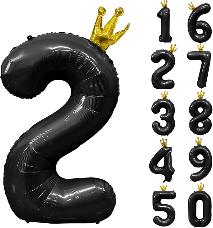 Black Number 2 Balloon with Crown, 40 inch Black Number Balloon 2nd Birthday by Yeodong