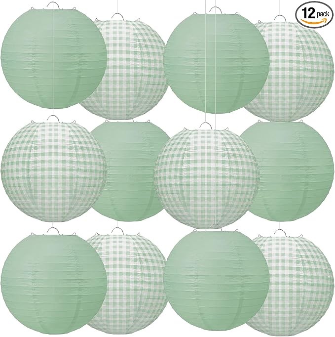 Honoson 12 Pcs Green Gingham Paper Lanterns Decoration10 Inch White and Sage by Honoson