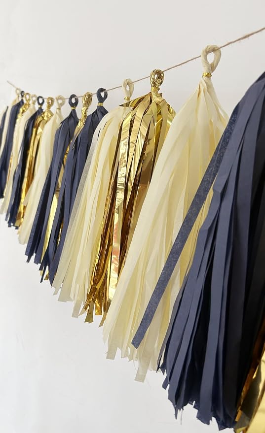 15 PCS Navy Blue Gold Mylar Tassels Garland Tissue Paper Tassels Banner DIY Kit - Image 3