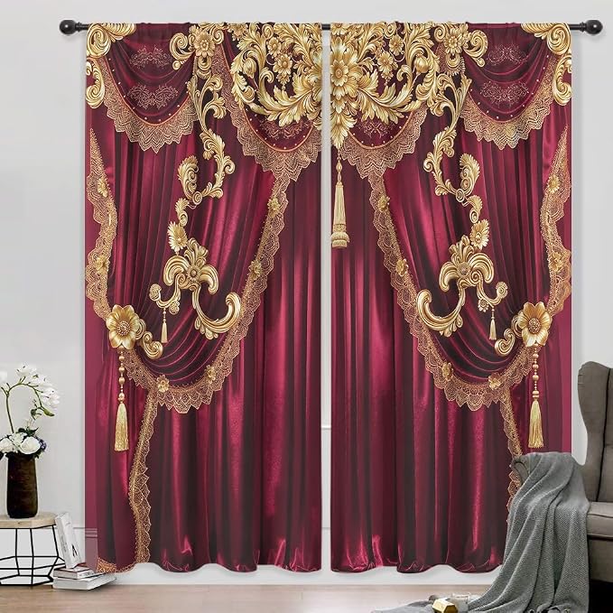 Red Gold Vintage European Elegant No Living Room Bedroom Window Curtains | 52"W - Image 2