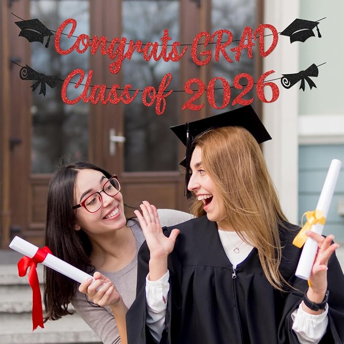 Glitter Red Graduation Decorations Banner, Congrats Grad Banner and Graduation - Image 3