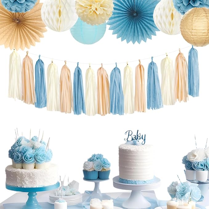 Dusty-Blue Baby-Shower Party-Decorations Tassel-Garland - Image 4