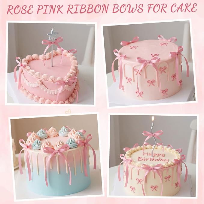 30 Pack Bow Cake Toppers Rose Pink Ribbon Bows - Image 3