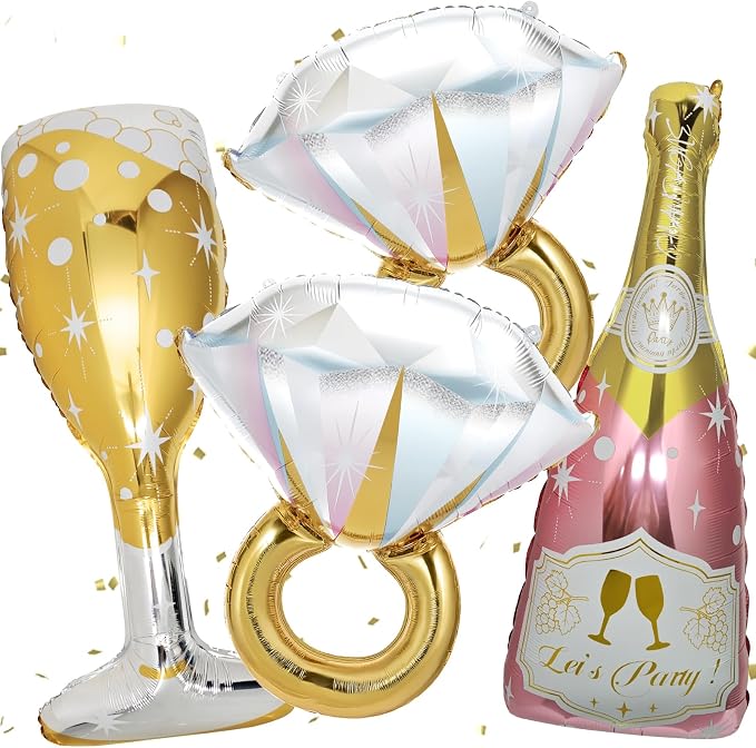 4 Pcs Bachelorette Balloons, Huge Rose Gold Champagne Bottle Diamond Ring by BSRESIN