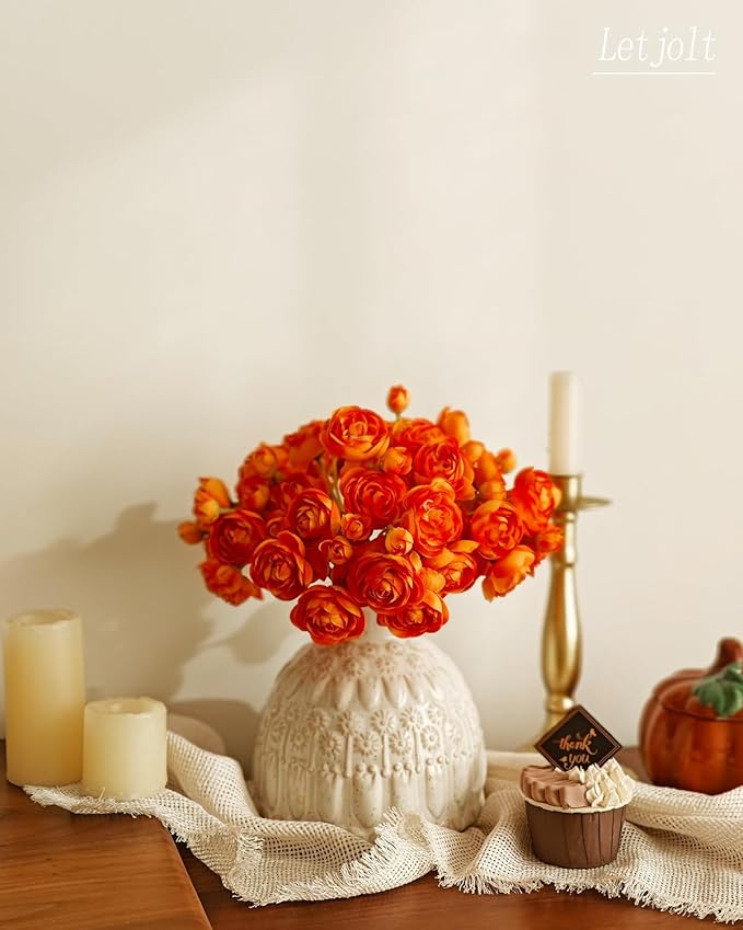 Letjolt Ranunculus Artificial Flower 18 Pcs Orange Silk Ranunculus Wedding Bouquet Engagement Centerpieces Arrangements Bridal Shower Decorations Home Decor, Orange