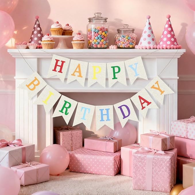 White Burlap Happy Birthday Banner Sign Birthday Garland Wall Door Hanging - Image 3