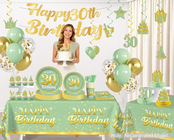 216pcs Yingoto Green Gold 30 Birthday Decorations Tableware Set, 25 Serves | No - Image 3