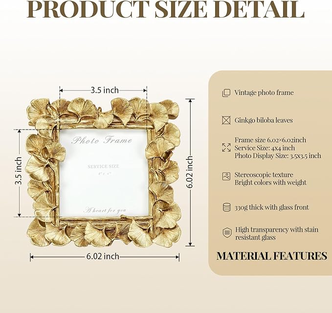 Cuspin 4x4 Picture Frame Small Gold Frames, Vintage Ornate Leaf Textured Hand-Crafted Resin with Glass Front, Antique Photo Frame for Tabletop Display, Retro Design Home Decor