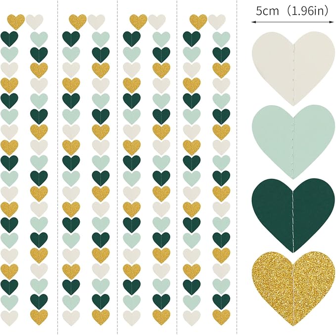 Sage-Green Mint Beige-Gold Love-Heart Garland - 52Ft Rustic Wedding Hanging - Image 2