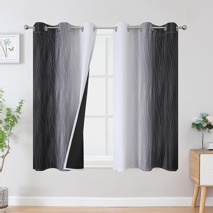 Black and Greyish White Blackout Curtains 45 Inch Length, Light Blocking by ESTELARTEXTILER