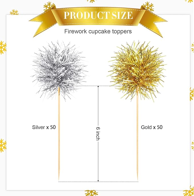 Chinco 100 Pcs Foil Firework Cupcake Toppers Gold and Silver Sparkle Tinsel - Image 2