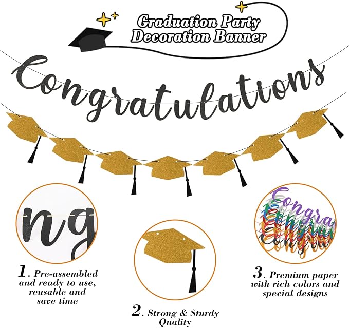 Class of 2026 Graduation Decorations Pre-Strung Glitter Congratulations Banner - Image 2