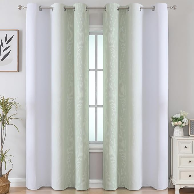 Sage and Greyish White Room Darkening Blackout Curtains 84 Inch Length 2 Panels - Image 2