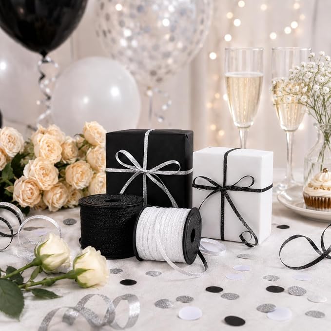 BEISHIDA 2 Rolls White and Black Glitter Ribbon Curling Crimped, Glitter Ribbon - Image 7