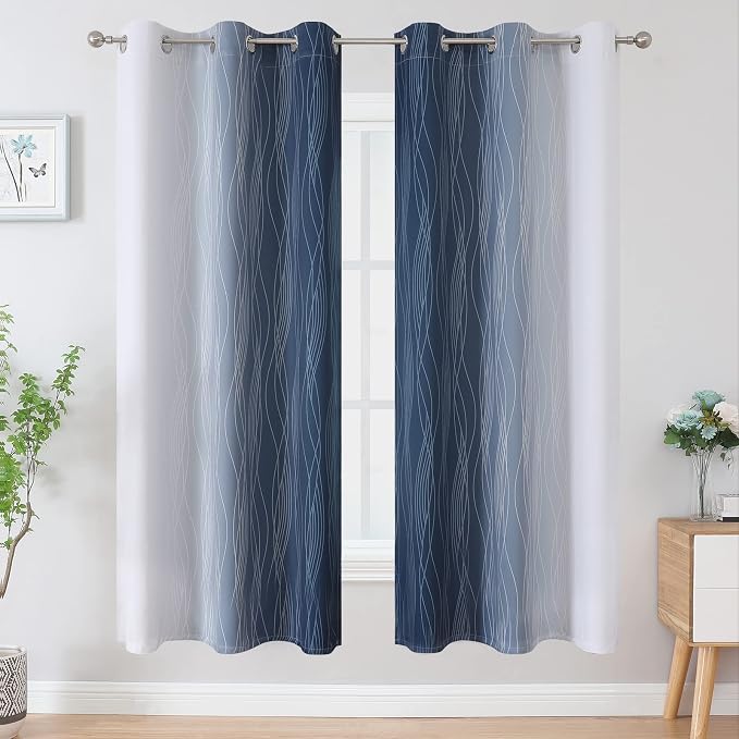 Full Room Darkening Greyish White and Navy Blue Blackout Curtains 72 Inch - Image 2