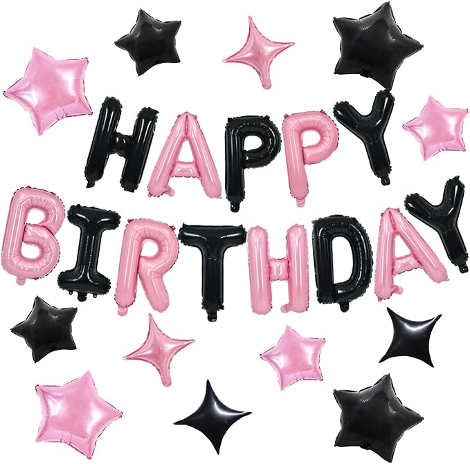 TONIFUL 35PCS Black Pink Happy Birthday Decorations Kit 16 Inch Happy Birthday by TONIFUL