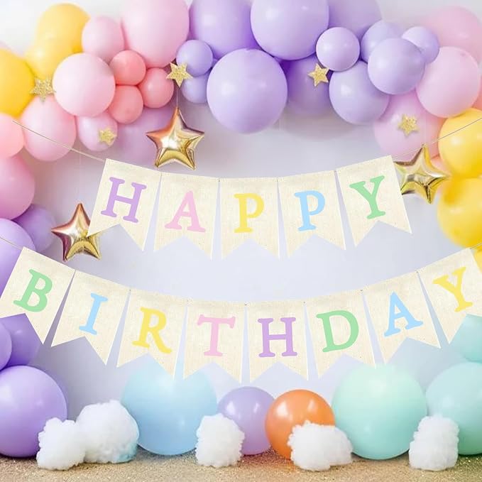 Pastel Rainbow Happy Birthday Banner Neutral Pre-strung Burlap Bunting Party - Image 3