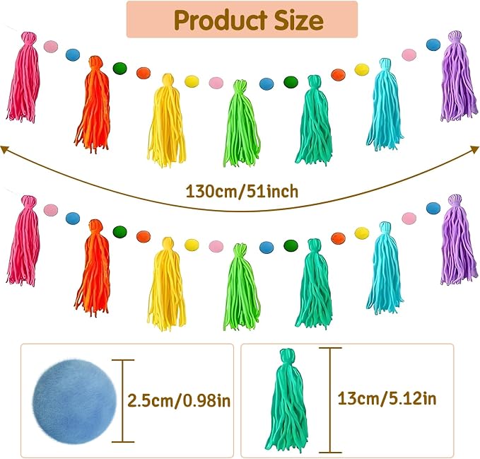 3Pcs Boho Tassel Garland 130cm/51in Long 12 Balls | Rainbow Felt Ball & Pom Pom - Image 2