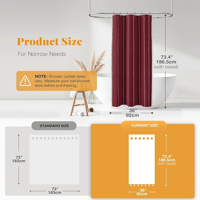 Small Boho Linen Heavy Duty Cloth Shower Curtain, Burgundy | Stall Size - Image 3
