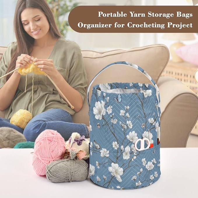 Blue Floral Butterfly Yarn Bag Small Crochet Bag Drawstring Yarn Storage - Image 4