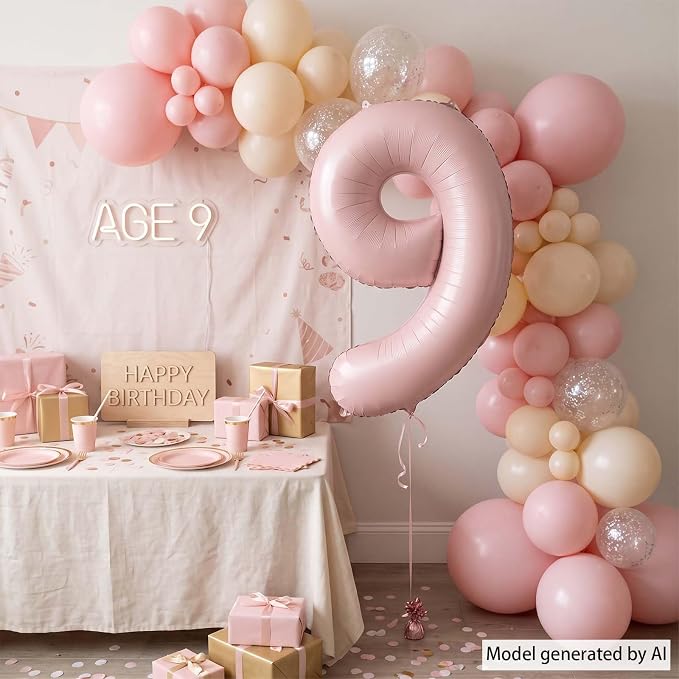 Baby Pink Number 9 Balloon 40 Inch, Muted Pastel Numeral Party Supplies | - Image 3