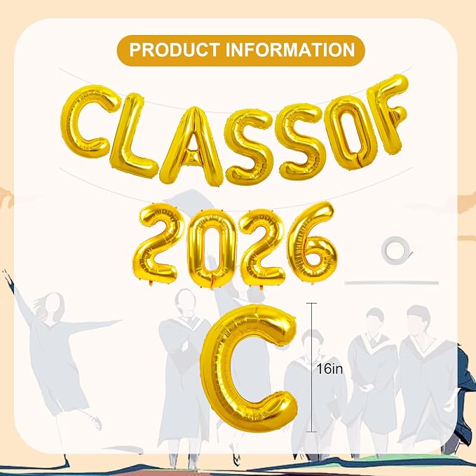 TONIFUL Gold Class of 2026 Graduation Balloon Banners Foil Balloons Decorations - Image 2
