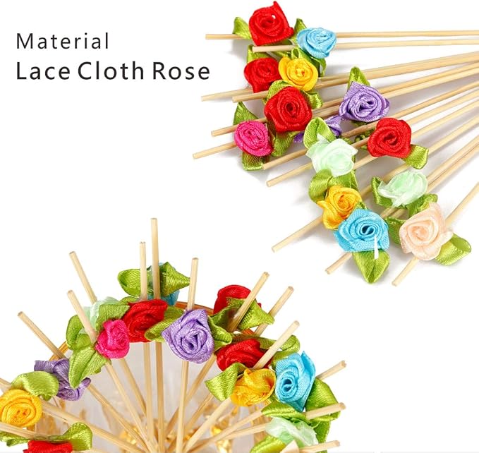 Minisland Multicolor Rose Flower Cocktail Picks, 4.7 Inch Long Bamboo Fancy - Image 3