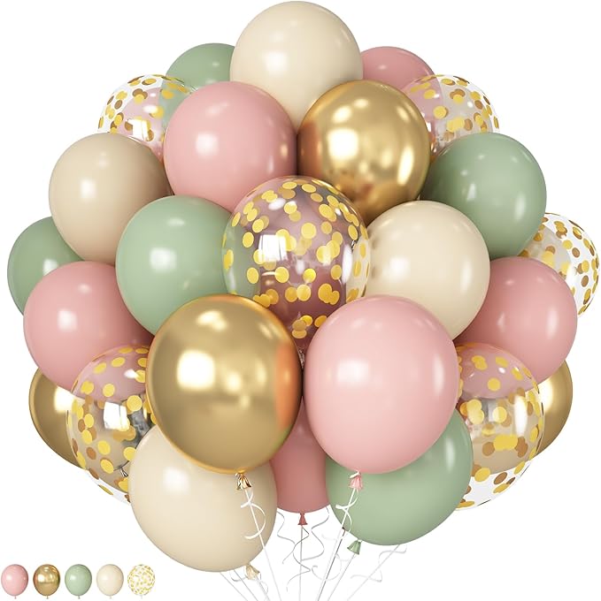 Sage Green and Pink Balloons, 12Inch 60pcs Floral Baby in Bloom Balloon | Dusty by HILAVO