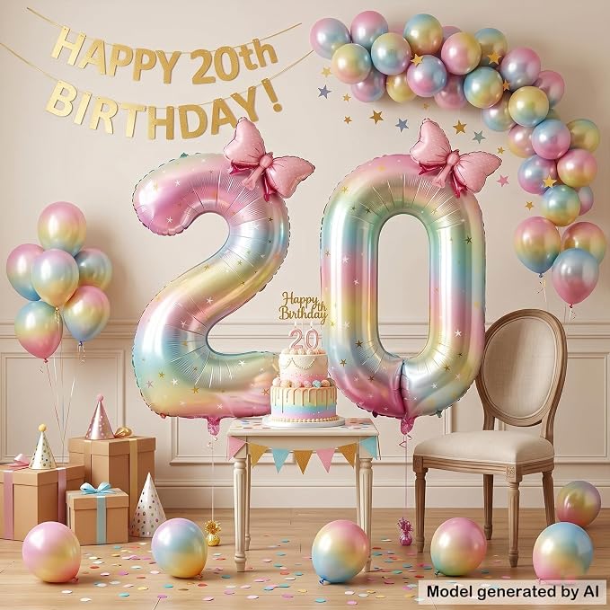 40" Giant Pastel Rainbow Number 20 Balloon Foil Pink Bow Decor Kit | - Image 3