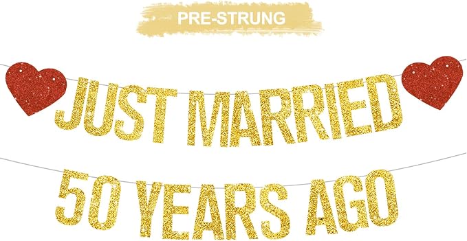 Gold Glitter Just Married 50 Years Ago Banner, NO DIY, Pre-Strung 50th Wedding by RICHHHA