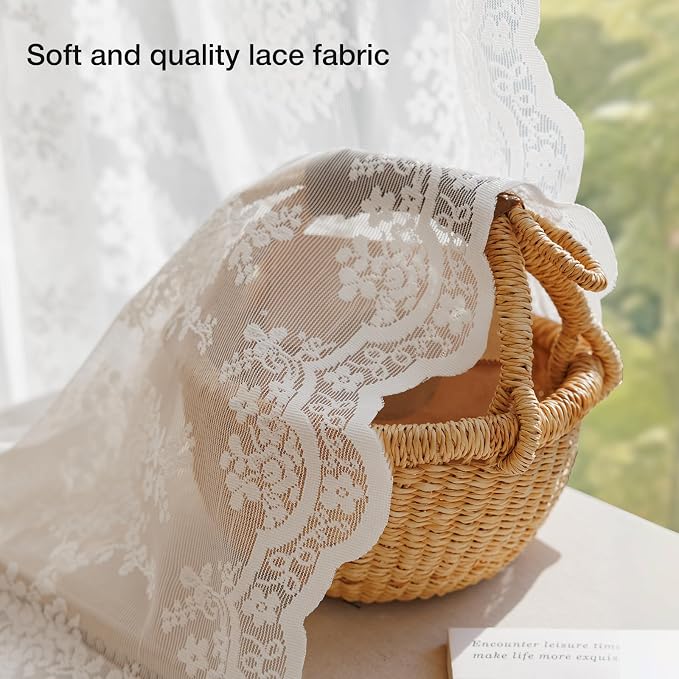 Anmao Vintage Lace Valance Kitchen Curtains 36 Inches Long 2 Panels, Semi Sheer - Image 4