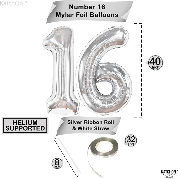 KatchOn Silver 16 Balloon Numbers 40 Inch | Happy 16th Birthday Balloons - Image 4