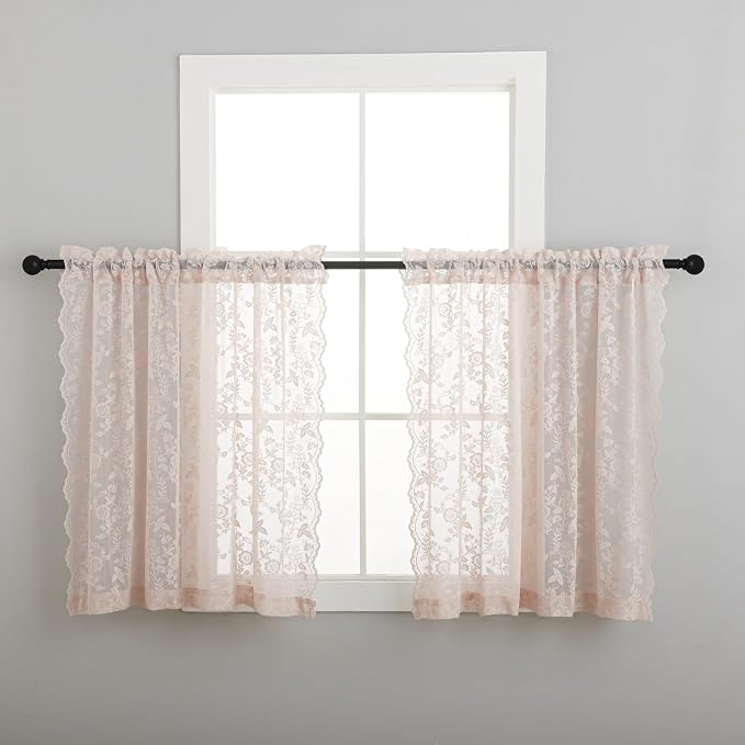 Short Blush Sheer Curtains Rustic Leaf Floral W42xL36 Inch 2 Panels | Rod Pocket - Image 9