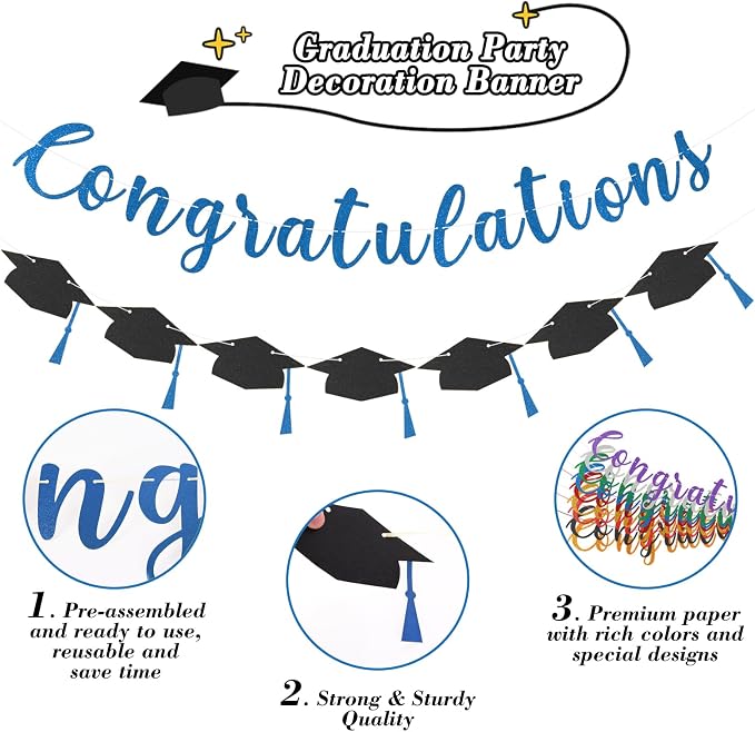 Class of 2026 Graduation Decorations Pre-Strung Glitter Congratulations Banner - Image 2