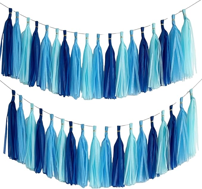 Navy Blue and Blue Tassel Garland Banner, 30 Pack Paper Tassels Streamers by SIPRKAICT