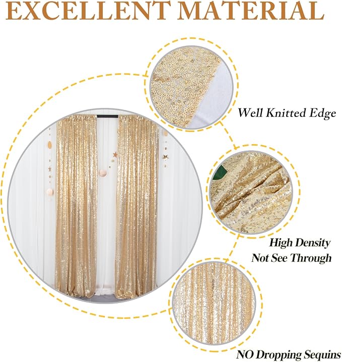 ShinyBeauty Gold Sequin Backdrop Panels 2FTx8FT Sparkly Light Gold Drapes - Image 4
