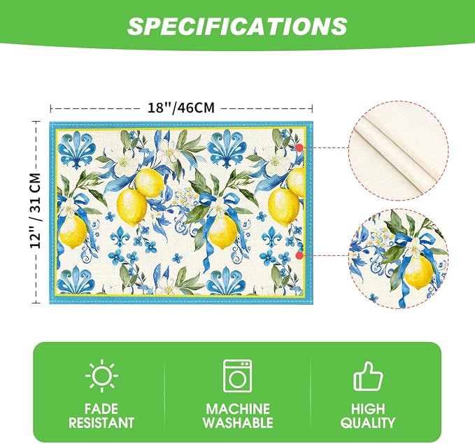 Artoid Mode Blue Lemon Iris Summer Placemats Set of 4, 12x18 Inch Seasonal - Image 7