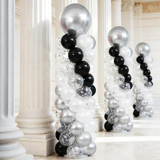 Black White and Silver Balloon Column Kit Set of 2, Balloon Towers | 102Pcs - Image 5