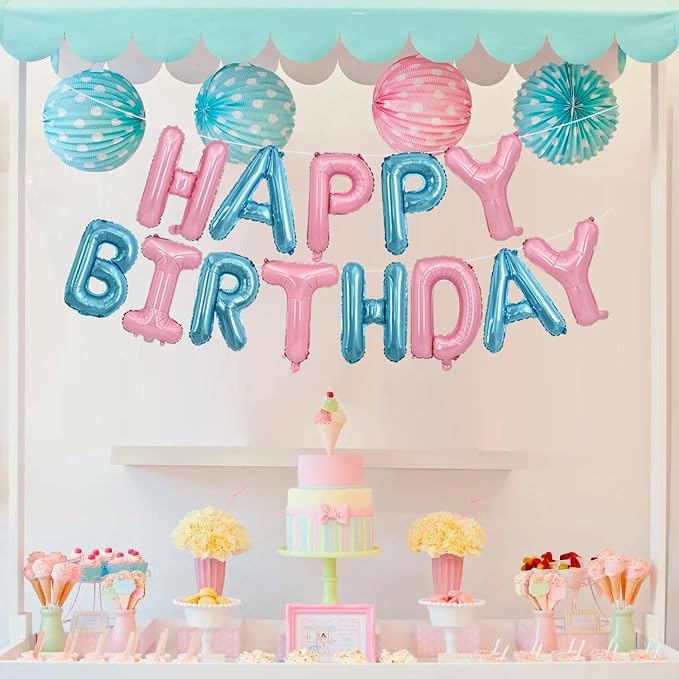 TONIFUL 16 Inch Pink Blue Happy Birthday Balloons Banner Decor - Image 3