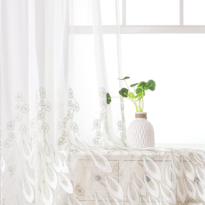 White Sheer Voile Curtains White Embossed Drip 54Wx84L Inch | Light Filtering - Image 5