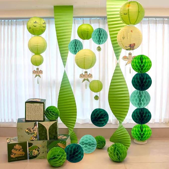Green Paper Honeycomb Balls, 6 and 10 inch Hanging Tissue Pompoms, 12 Pack - Image 4