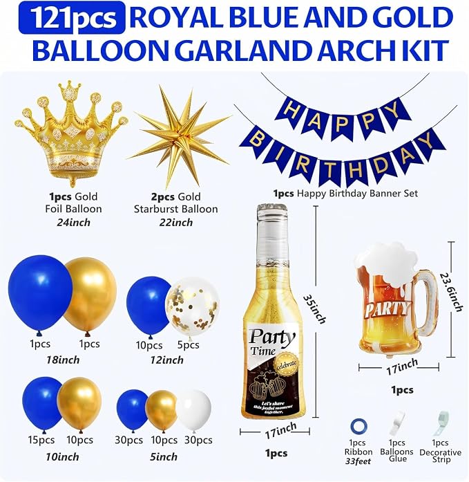 ELTNEGSA 121pcs Royal Blue and Gold Birthday Party Decorations | 16th, 60th - Image 2
