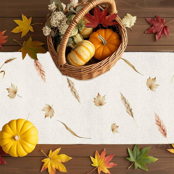 Fall Thanksgiving Cotton Linen Table Runner for Dining Kitchen, Orange Pumpkins Outdoor Party Autumn Tablerunners Decoration Rustic Wheat Leaves Dresser Scarf Coffee Tablecloth Runners 13x108 Inches