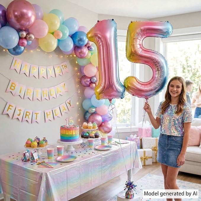 Rainbow Ombre Number 15 Balloon 40 Inch, Pastel Foil Decor - Image 2