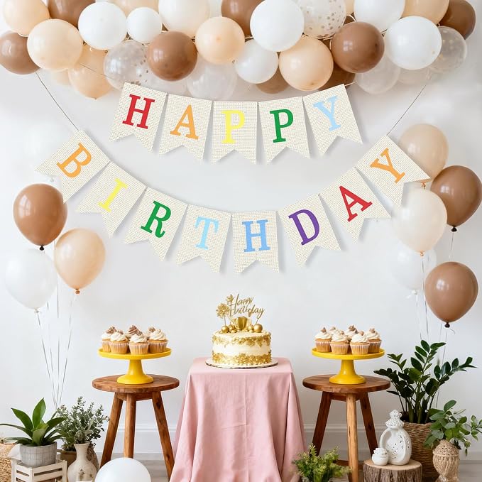 White Burlap Happy Birthday Banner Sign Birthday Garland Wall Door Hanging - Image 2
